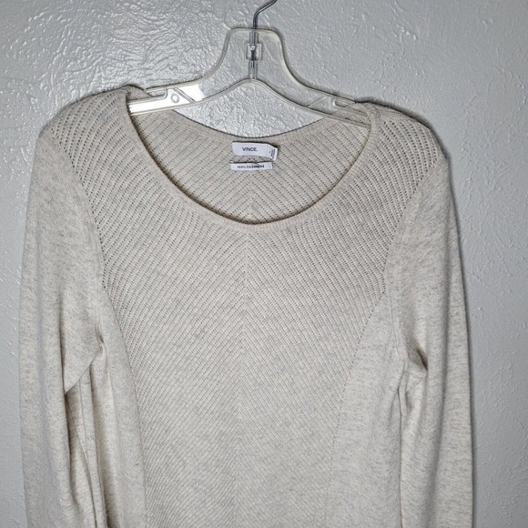Vince womens sz Lg 100% Cashmere beige scoop Neck Sweater Pullover Ribbed tunic - Picture 2 of 6